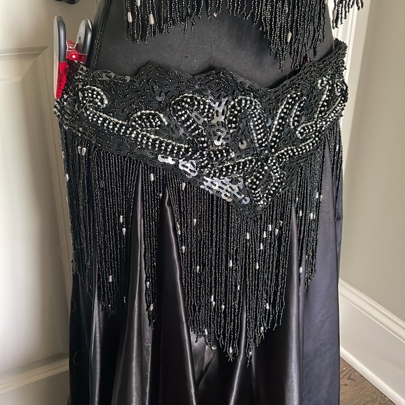 Black Silver Beaded Sequin Belly Oriental Dance Costume Black Green Satin Skirts - Picture 5 of 16